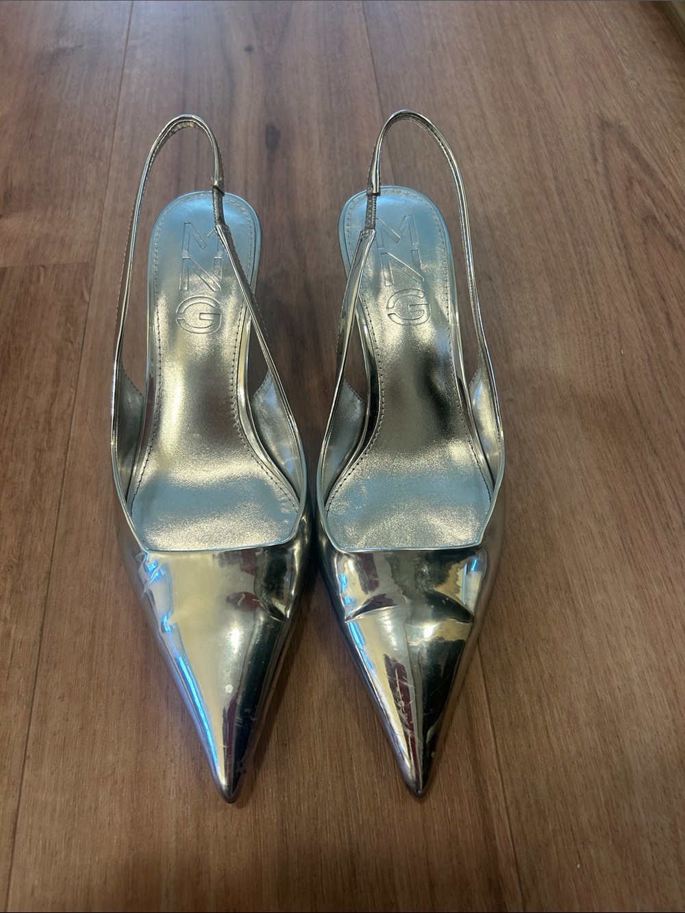 Mango Metallic Silver Pointed Toe Slingback Heels